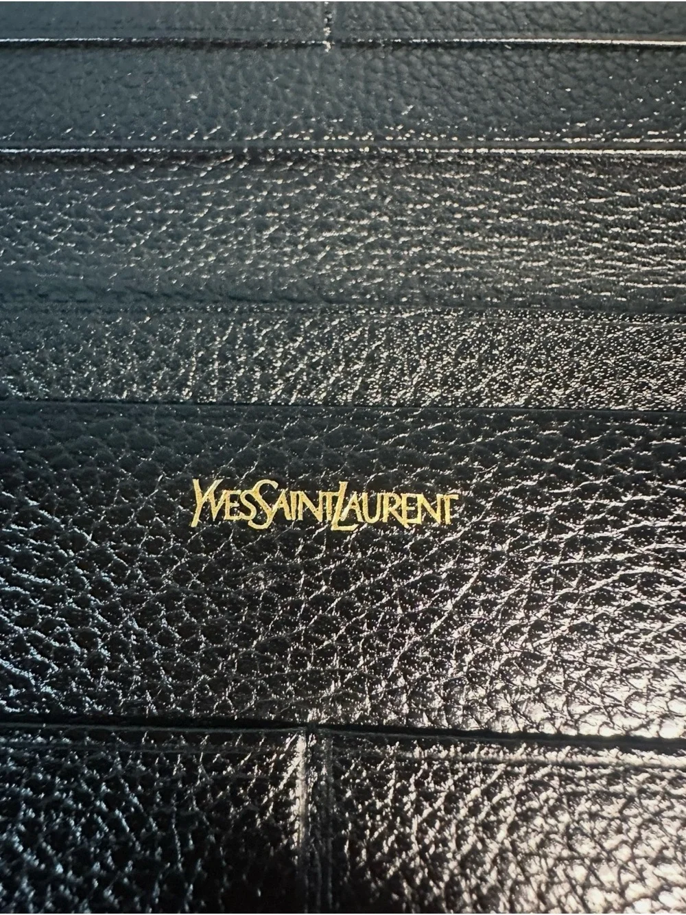 YSL Saint Laurent Monogram Black Leather Wallet Textured Grain Gold Logo Bifold